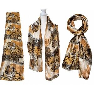 Symphony Scarfs Italy Tiger Leopard Lion Animal Print Satin Chiffon Oblong Scarf